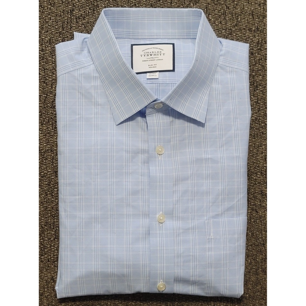 Charles Tyrwhitt Blue‎ Plaid Silm Fit Non-Iron Long Sleeve Dress Shirt 17 X 35